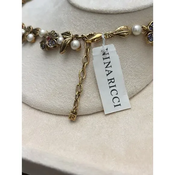 Nina Ricci Gold Plated Necklace with Pearls, Enamel & Crystals - 16-18" - Picture 3 of 5